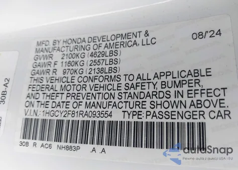 2024 Honda Accord Hybrid Touring from USA, damaged, VIN 1HGCY2F81RA093554